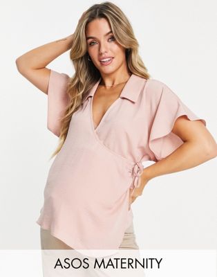 Asos Maternity Asos Design Maternity Collared Wrap Blouse In Blush-pink