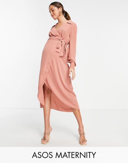 Asos Design Maternity Collared Wrap Midi Dress With Tie Belt In Terracotta Asos 