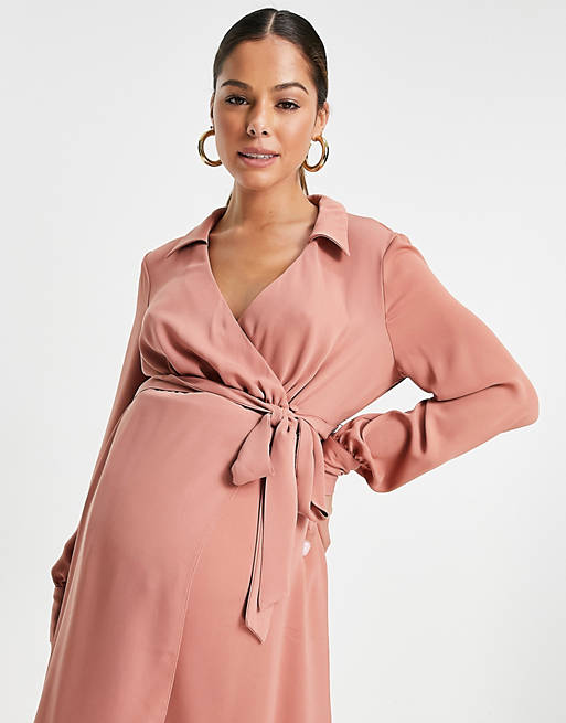Womens Maternity Wrap Dress Midi Length with Waist Belt 