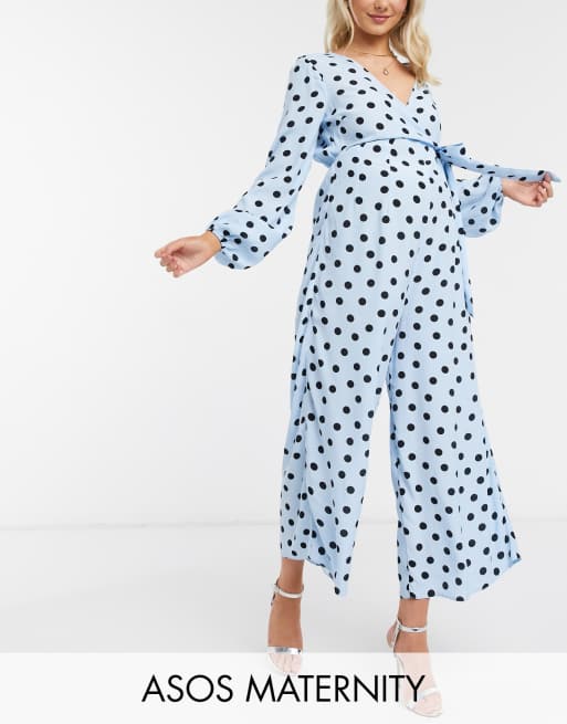 ASOS DESIGN maternity - Combinaison cache-cœur avec liens à nouer - Bleu à pois