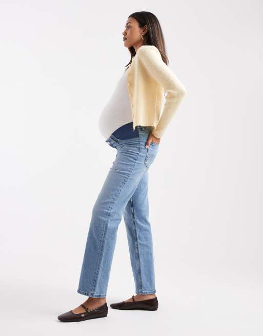 ASOS DESIGN Maternity comfort stretch straight leg jeans in light mid blue