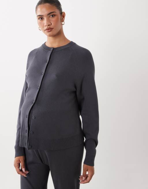 ASOS DESIGN Maternity compact knit boxy cardigan & straight leg pants set in charcoal, 3 of 3