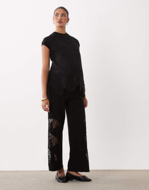 ASOS DESIGN Maternity compact knit lace detail tank top & lace trim pants set in black - view 1