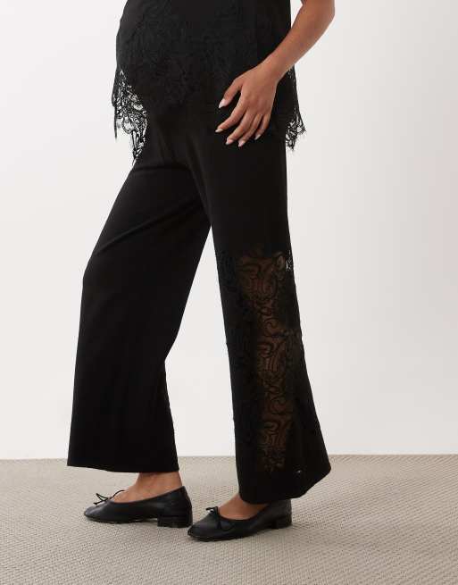 ASOS DESIGN Maternity compact knit lace trim pants in black (part of a set), 2 of 5