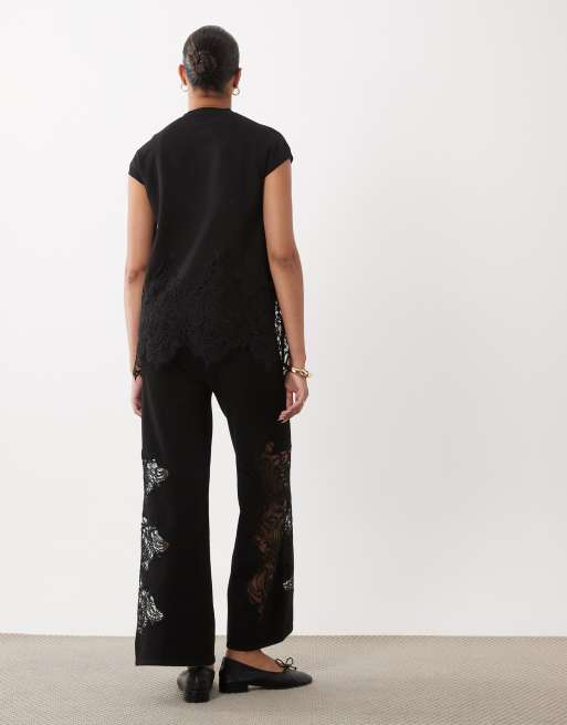 ASOS DESIGN Maternity compact knit lace trim trouser co-ord in black, 3 of 5