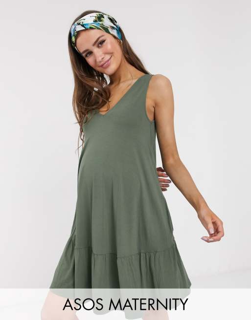 ASOS DESIGN Maternity concealed pocket mini dress with tiered hem in khaki