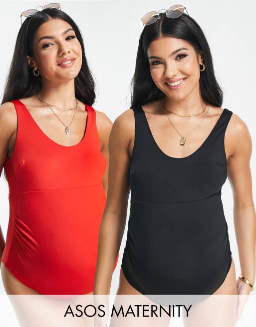 ASOS DESIGN Maternity - Confezione da due costumi da bagno con scollo rotondo, colore nero e rosso 