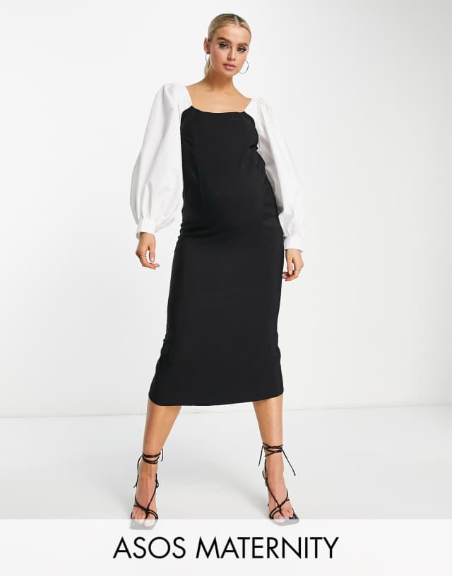 ASOS DESIGN Maternity contrast sleeve midi dress in black