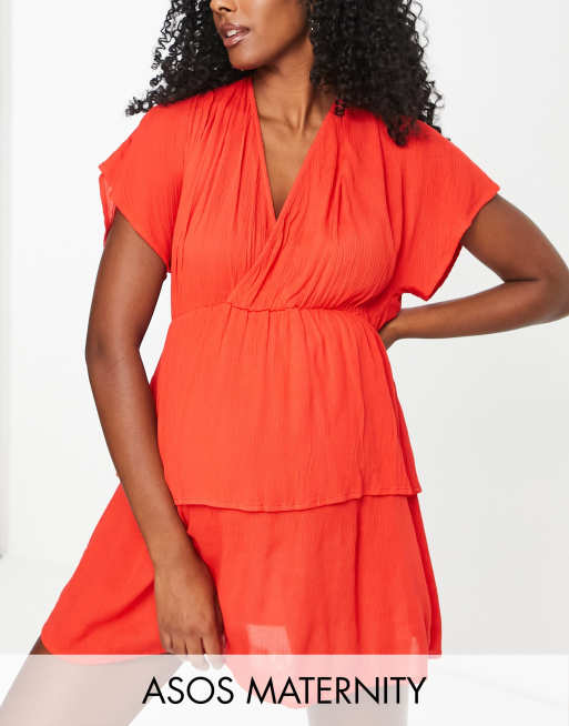 ASOS DESIGN Maternity - Copricostume da spiaggia drappeggiato a balze rosso