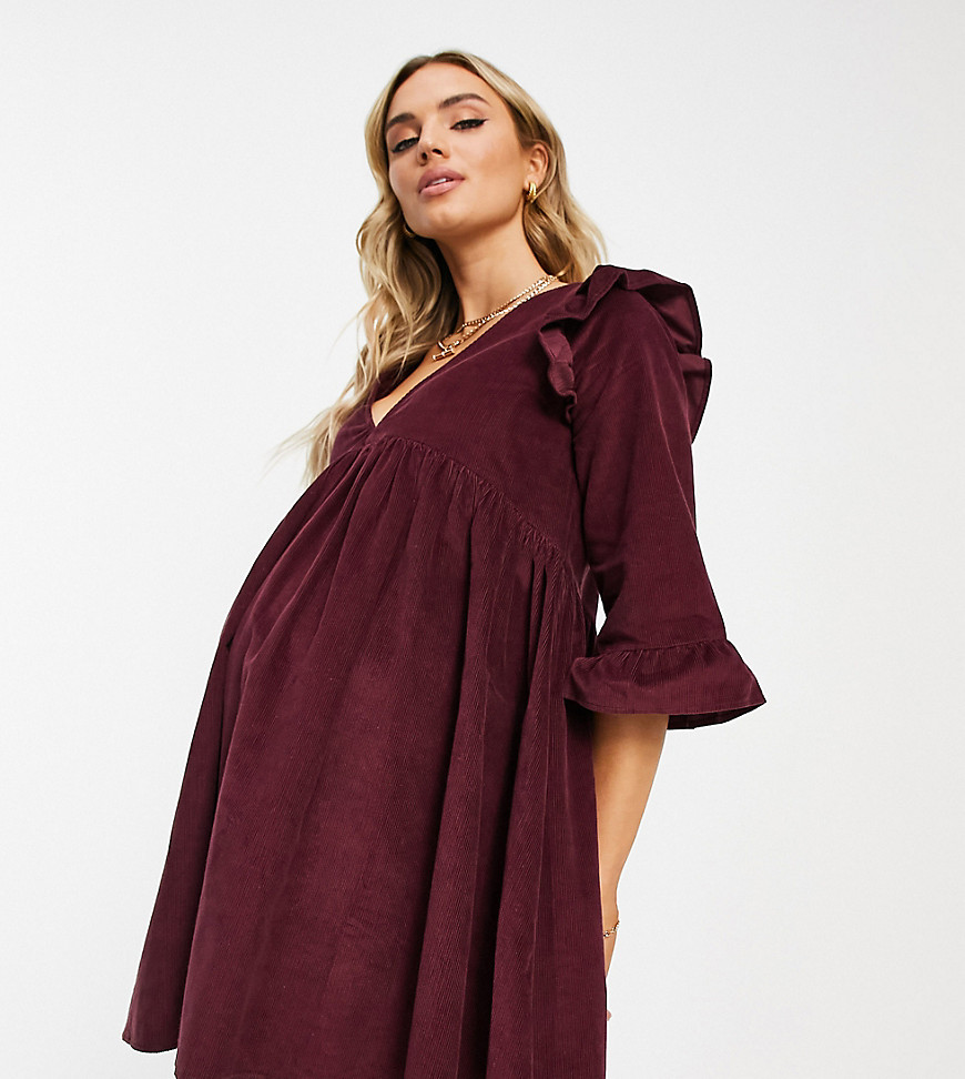 ASOS DESIGN Maternity cord mini smock dress with ruffle shoulder in dark berry-Blue