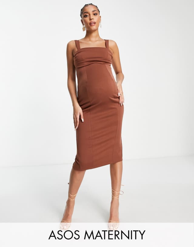 ASOS DESIGN Maternity corset midi pencil dress with ruched bust in chocolate