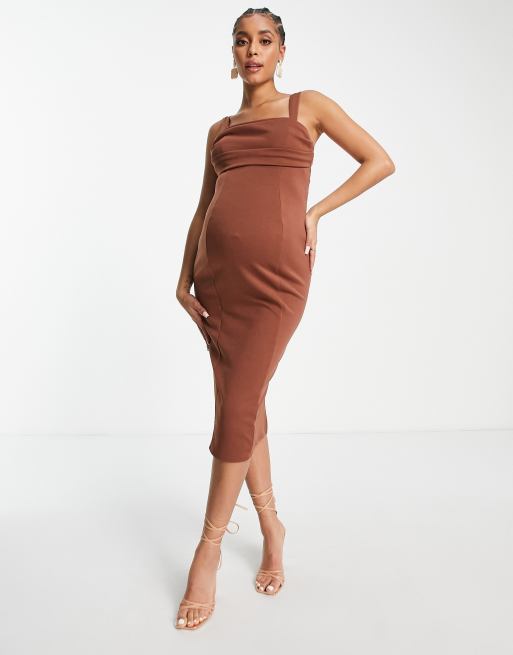 ASOS DESIGN Maternity corset midi pencil dress with ruched bust in chocolate