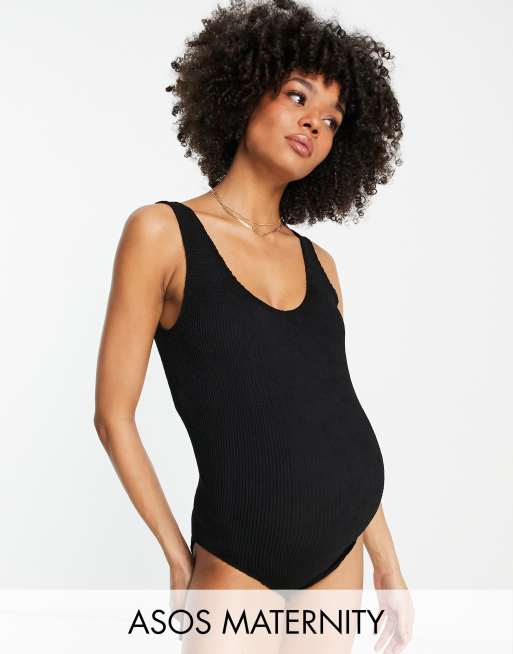 ASOS DESIGN Maternity - Costume da bagno con scollo rotondo in tessuto stropicciato nero
