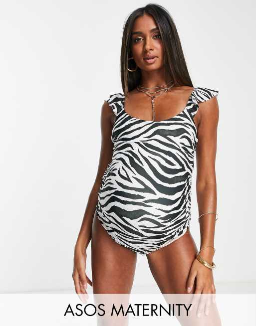 ASOS DESIGN Maternity - Costume da bagno con spalline con volant e stampa zebrata