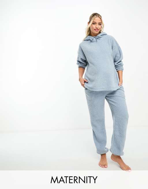ASOS DESIGN Maternity cosy lounge borg hoodie & trackies set in blue