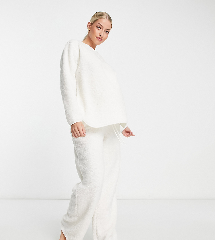 ASOS DESIGN Maternity cosy lounge borg sweat & trouser set in cream-White