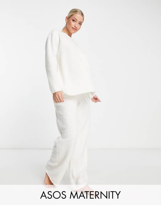 ASOS DESIGN Maternity cosy lounge borg sweat & trouser set in cream