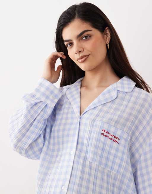 ASOS DESIGN Maternity cotton gauze embroidered long sleeve shirt & short pyjama set in blue gingham print, 3 of 4