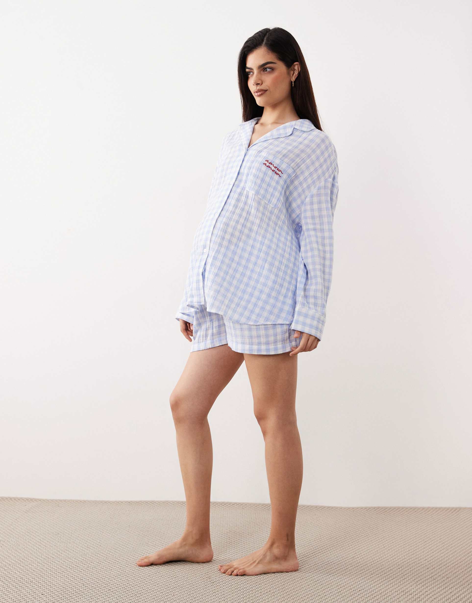 asos design maternity cotton gauze embroidered long sleeve shirt & shorts pajama set in blue gingham print