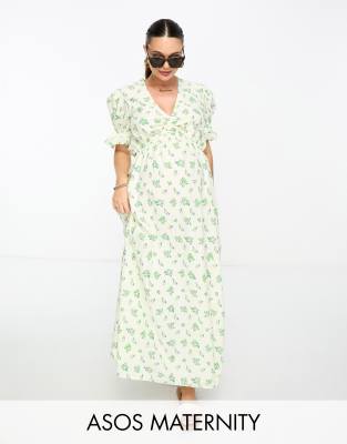 Asos Maternity Asos Design Maternity Cotton Midi Smock Dress In Cream Based Green Floral Print-multi