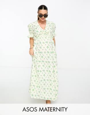 ASOS DESIGN Maternity cotton midi smock dress in cream based green floral print-Multi