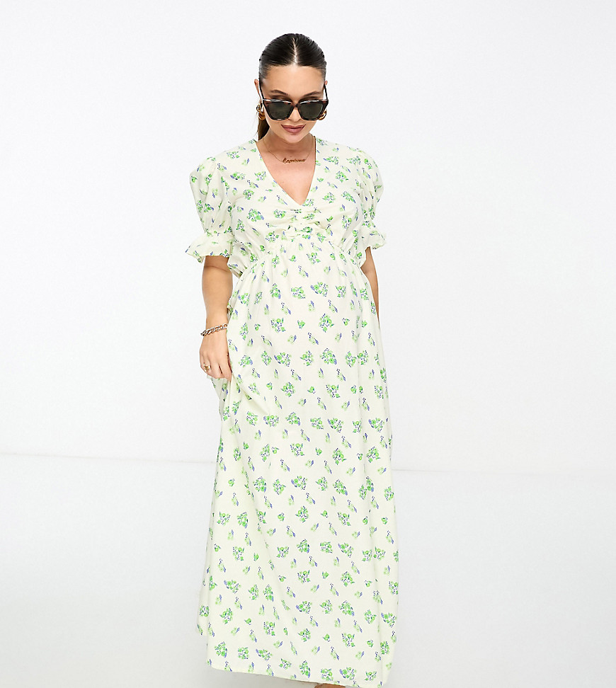 Asos Maternity Asos Design Maternity Cotton Midi Smock Dress In Cream Based Green Floral Print-multi