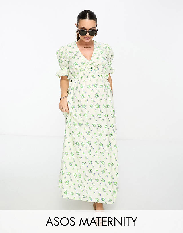 ASOS Maternity - ASOS DESIGN Maternity cotton midi smock dress in cream based green floral print
