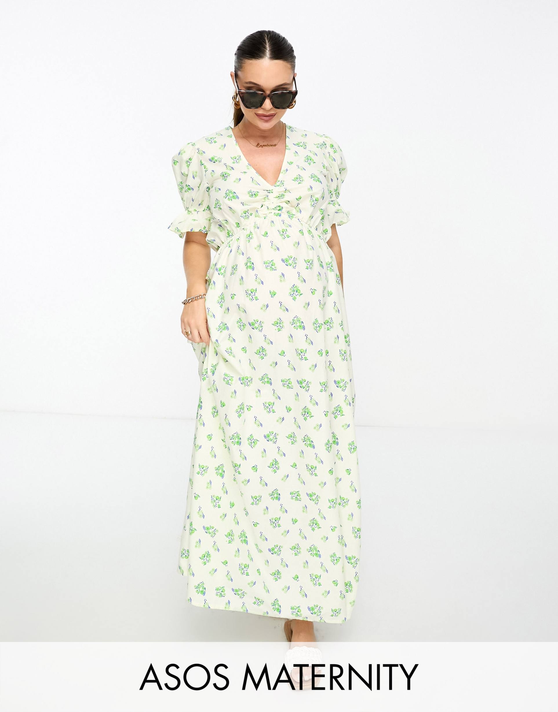 asos design maternity cotton midi smock dress in cream based green floral print