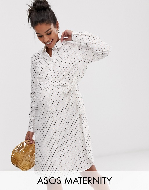 ASOS DESIGN Maternity cotton mini shirt dress with tie belt in polka dot