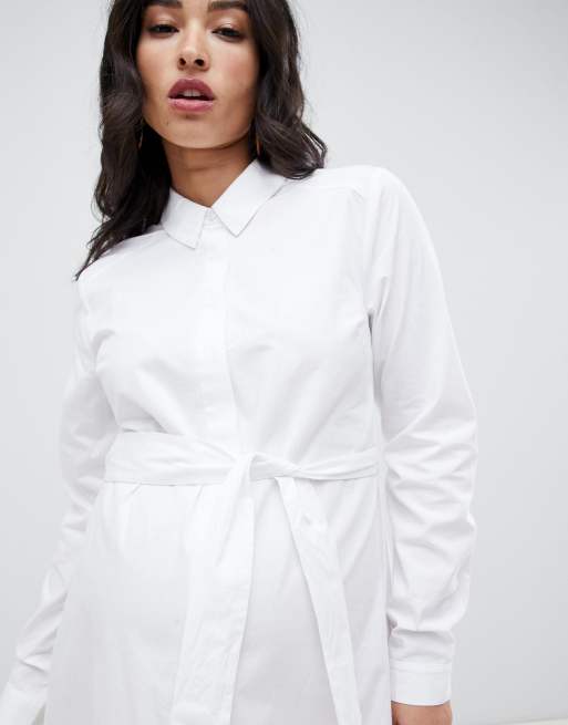 ASOS DESIGN Maternity cotton mini shirt dress with tie belt in white, 3 of 4