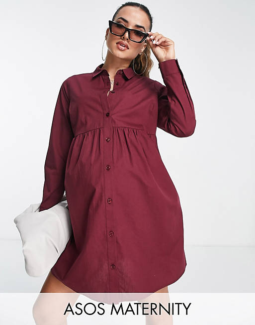 Asos Women Clothing Dresses Casual Dresses ASOS DESIGN Maternity cotton mini smock shirt dress in burgundy 