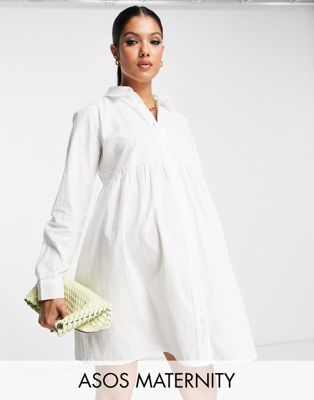 ASOS DESIGN Maternity cotton mini smock shirt dress in white - ASOS Price Checker