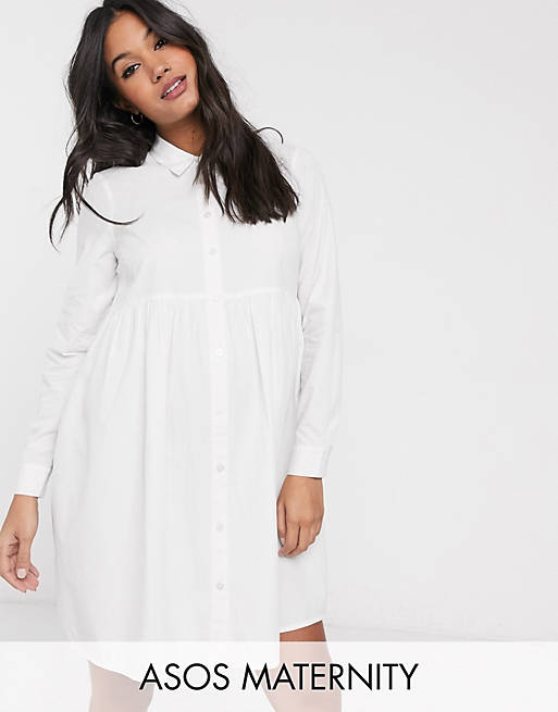 Dresses Maternity cotton mini smock shirt dress in white 