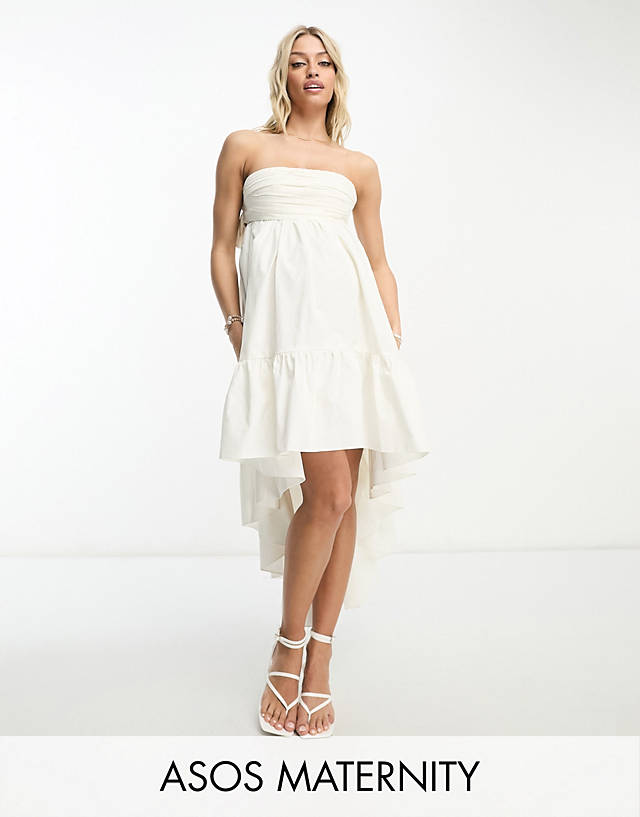 ASOS Maternity - ASOS DESIGN Maternity cotton ruched bandeau midi dress with high low hem in white