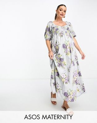 ASOS DESIGN Maternity cotton shirred midi dress in floral print