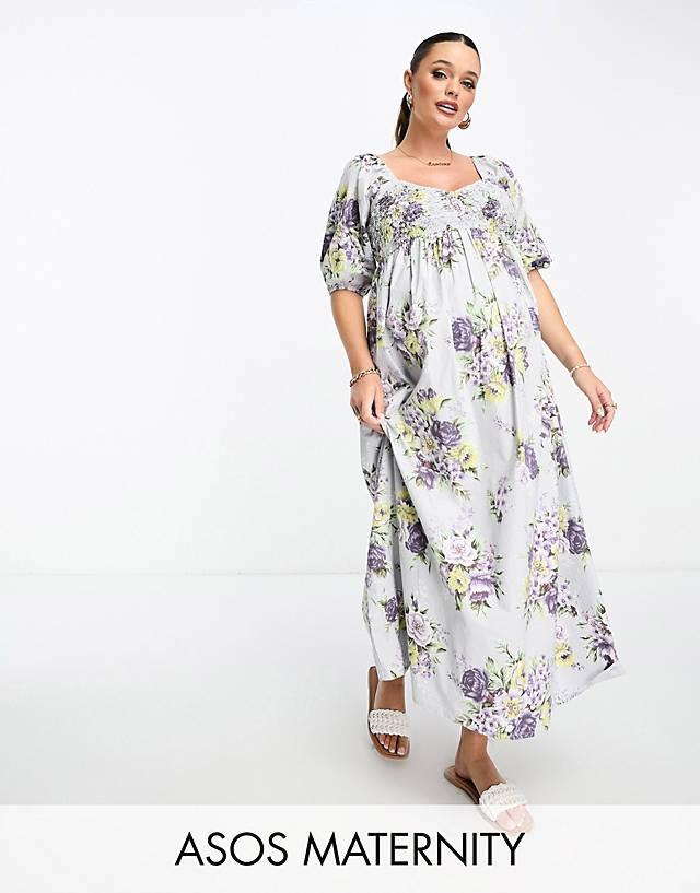 ASOS Maternity - ASOS DESIGN Maternity cotton shirred midi dress in floral print