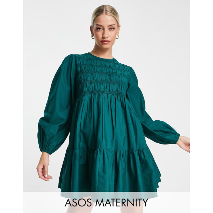 ASOS DESIGN Maternity cotton shirred mini smock dress in green