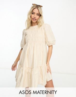 ASOS DESIGN Maternity cotton shirred mini smock dress with puff sleeve in cream