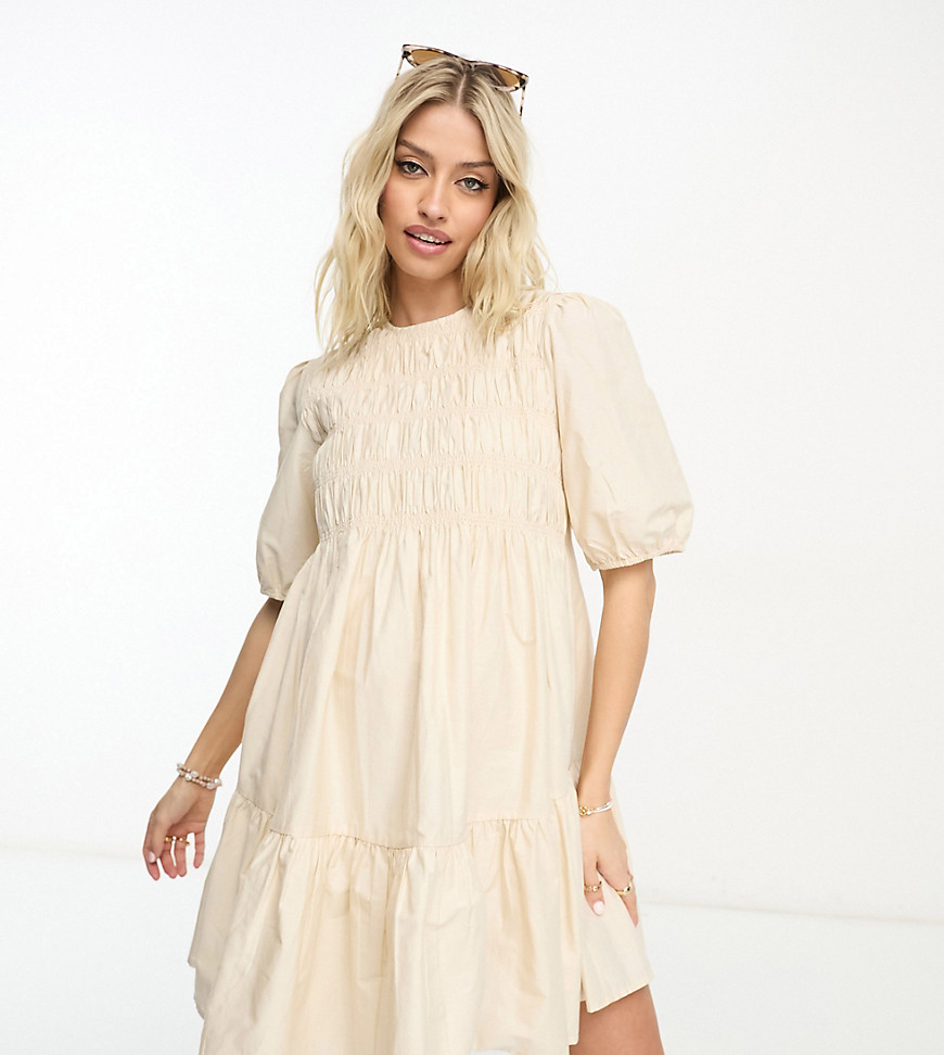 ASOS DESIGN Maternity cotton shirred mini smock dress with puff sleeve in cream-White