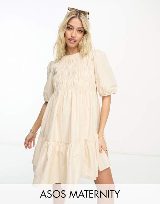 Asos Design Maternity Cotton Shirred Mini Smock Dress With Puff Sleeve In Cream Asos 