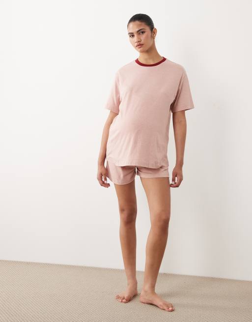 ASOS DESIGN Maternity cotton slub oversized tee and short set with contrast neck binding in washed red, 2 of 4