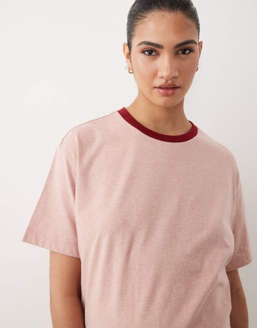 ASOS DESIGN Maternity cotton slub oversized tee and short set with contrast neck binding in washed red, 3 of 4