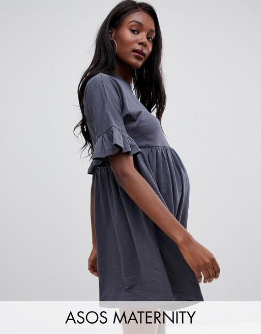 Asos Design Maternity Cotton Slubby Frill Sleeve Smock Dress Asos 