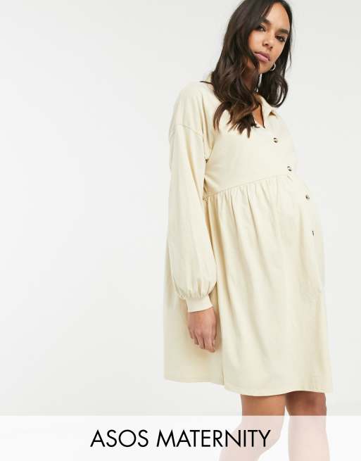 Asos Design Maternity Cotton Slubby Oversized Shirt Smock Dress With Horn Buttons In Beige Asos 