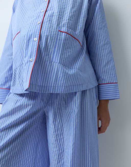 ASOS DESIGN Maternity cotton woven long sleeve shirt and wide leg pant pyjama set in blue stripe, 5 of 5