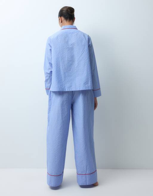 ASOS DESIGN Maternity cotton woven long sleeve shirt and wide leg trouser pyjama set in blue stripe, 3 of 5