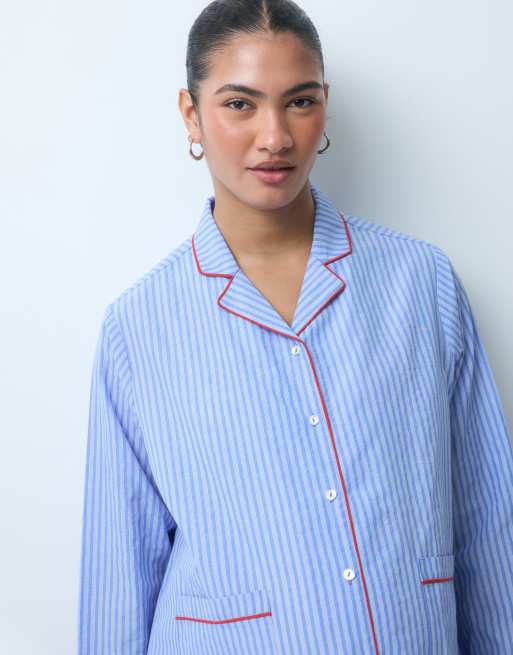 ASOS DESIGN Maternity cotton woven long sleeve shirt and wide leg trouser pyjama set in blue stripe, 4 of 5