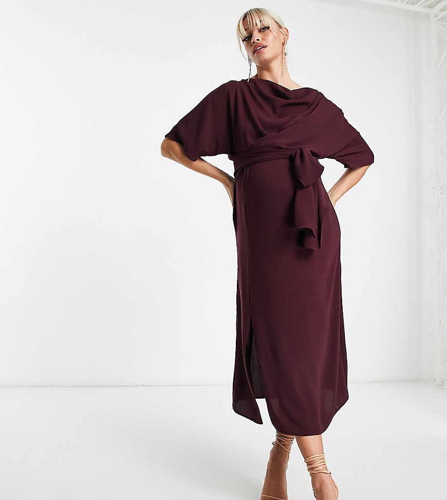 ASOS DESIGN Maternity cowl neck midi dress with tie waist in burgundy-Red