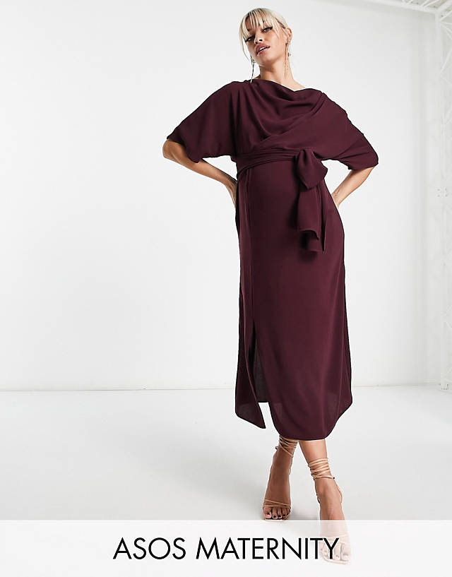 ASOS Maternity - ASOS DESIGN Maternity cowl neck midi dress with tie waist in burgundy