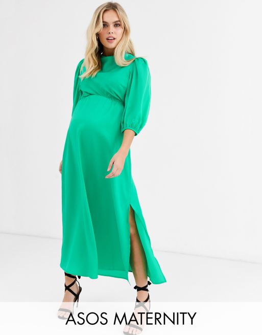 ASOS DESIGN Maternity cowl neck satin tea midi dress with puff sleeve ...